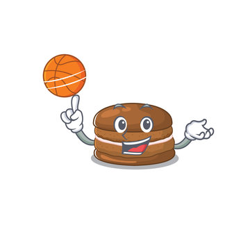 A mascot picture of chocolate macaron cartoon character playing basketball