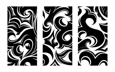 Set of decorative abstract background with floral, tribal elements in damask, Gothic, Baroque style, business card template, packaging, cover, plastic card, flyer. Black and white vector illustration