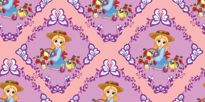 beautiful seamless Easter pattern with a girl