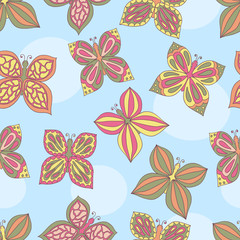 Fototapeta na wymiar Abstract hand- drawn butterflies on a blue background, seamless pattern