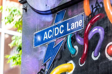 The street sign for AC/DC Lane in the city of Melbourne, Australia