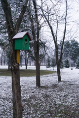 Image of a birdhouse in a winter park.