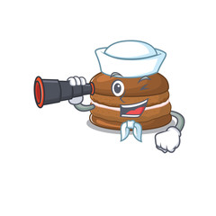 A picture of chocolate macaron working as a Sailor with binocular