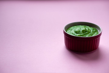 Healthy food on the menu with fresh green vegetables in the consistency of mashed soup