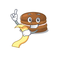 A funny cartoon character of chocolate macaron holding a menu