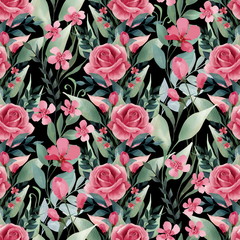 Seamless floral pattern with pink roses on black background, watercolor illustration