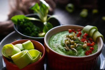 Green smoothie soup with organic vegetables and sprouts of sprouted beans