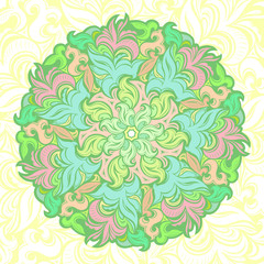 Bright colored spring, summer mandala and flowering, blooming plants. Decorative floral background. Damascus, Baroque, Rococo, Victorian style. Templates for cards, invitation, covers, certificates