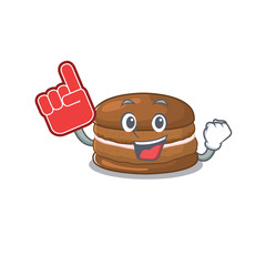 A picture of chocolate macaron mascot cartoon design holding a Foam finger