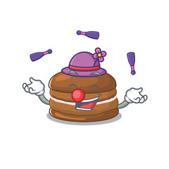 a lively chocolate macaron cartoon character design playing Juggling