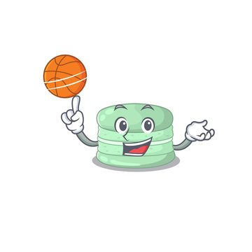 A mascot picture of pistachio macaron cartoon character playing basketball