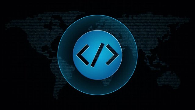 Code development icon in global map with waves. Technology programming symbol in digital background. Loop video animation.	