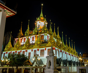 Wat Ratchanatdaram Woravihara night view (Ratcha Natdaram Worawihan - Loha Prasat), Bangkok, Thailand