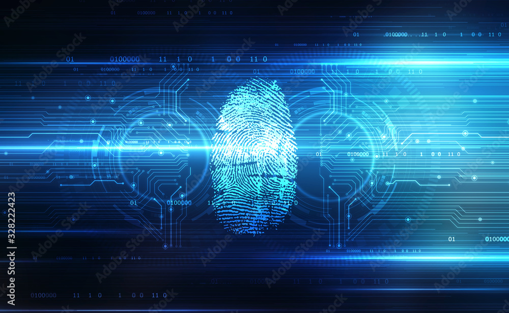 Poster fingerprint scanning identification system. biometric authorization and business security concept, f