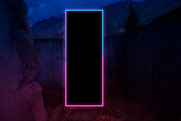 Abandoned house in night time with rectangular neon light, fantasy image