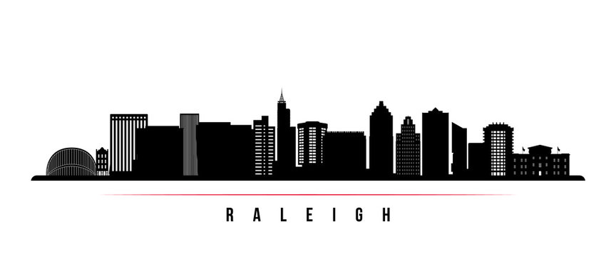 Raleigh  skyline horizontal banner. Black and white silhouette of Raleigh, North Carolina. Vector template for your design.