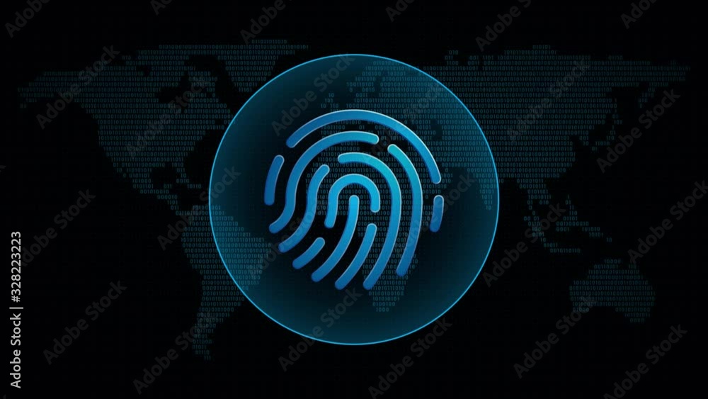 Poster fingerprint icon in global map with waves. technology biometric symbol in digital background. loop v