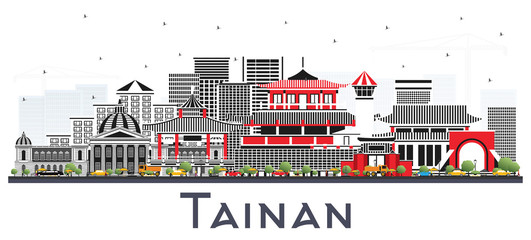 Tainan Taiwan City Skyline with Gray Buildings Isolated on White.