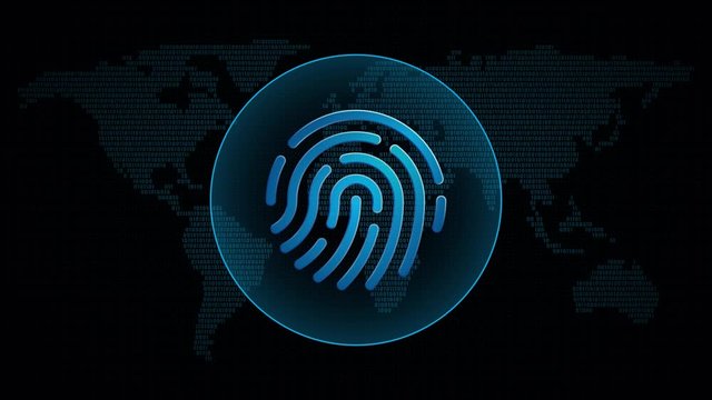 Fingerprint icon in global map with waves. Technology biometric symbol in digital background. Loop video animation.	