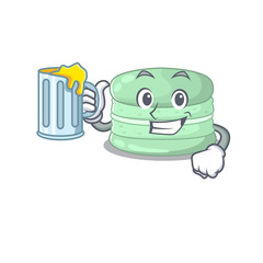 Smiley pistachio macaron mascot design with a big glass