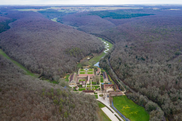 Aerial view of an ancient abbey in France, Abbaye de Fontenay (Fontenay Abbey)