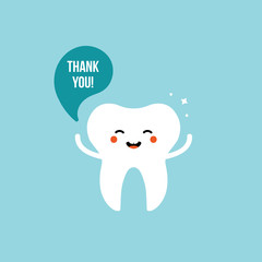 Cute and happy vector cartoon tooth character with speech bubble saying thank you.