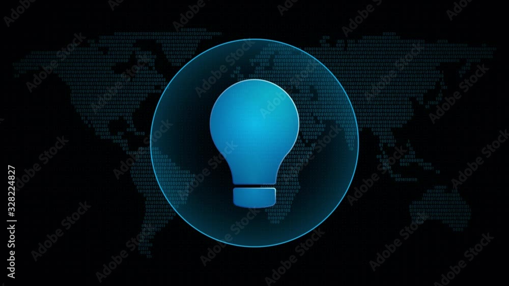 Poster idea lamp icon in global map with waves. technology bulb symbol in digital background. loop video an