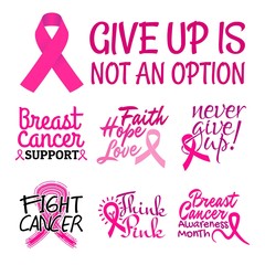 Breast cancer awareness support month text quote set. Vector illustration