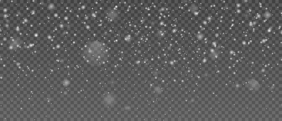 Realistic vector falling snow fall overlay. Shining snowflakes background for Christmas banner of winter collection decoration isolated on transparent. Stock vector