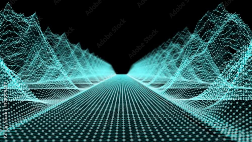Poster 3d rendering straight way and wireframe mountains. computer generated digital landscape. futuristic 