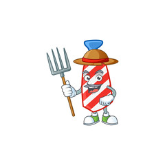 sweet Farmer USA stripes tie cartoon mascot with hat and tools