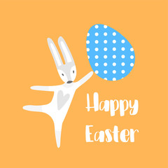Vector square greeting card with rabbit and egg in the paw on a yellow background. Blue egg with white polka dots in a flat style. Happy Easter letterin text hand drawn.