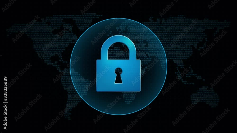 Poster lock icon in global map with waves. technology security symbol in digital background. loop video ani