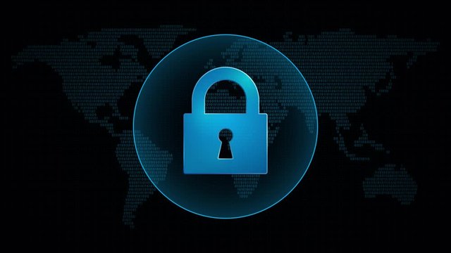 Lock icon in global map with waves. Technology security symbol in digital background. Loop video animation.	