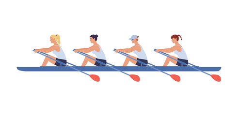 Four female athletes swim in a boat. Concept of competitions in academic women 's rowing. Vector illustration in flat design style. © Анна 