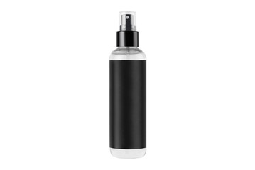 Tall transparent spray dispenser bottle for cosmetics product with black label, isolated, mock up...