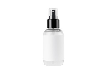Transparent spray bottle for cosmetics product with white blank label isolated on white background, mock up for branding, advertising, design.