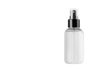 Spray bottle for cosmetics product with transparent liquid isolated on white background, mock up for branding, advertising, presentation, design.
