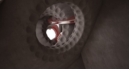 Architectural background. Abstract concrete interior with smooth copper chrome discs. 3D illustration and rendering.