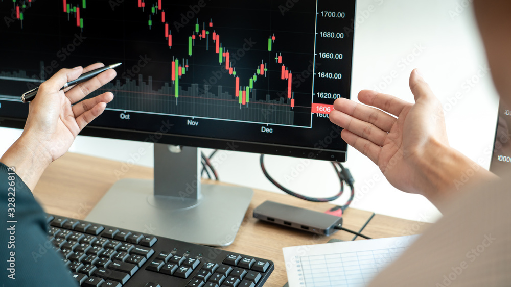 Poster working business man, team of broker or traders talking about forex on multiple computer screens of 