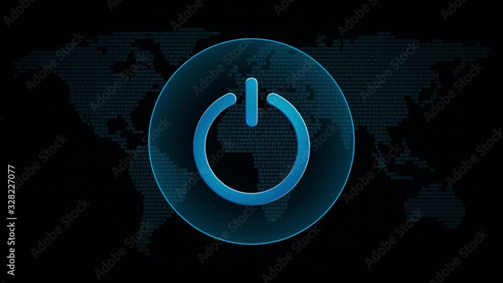 Poster power icon in global map with waves. technology on/off symbol in digital background. loop video anim