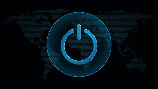 Power icon in global map with waves. Technology on/off symbol in digital background. Loop video animation.	