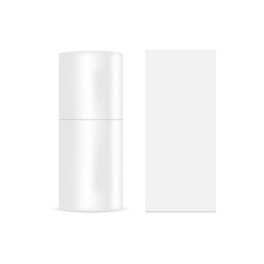 Plastic cosmetic tube with cardboard rectangular box mockup. Vector