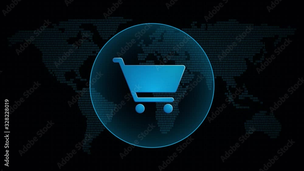 Poster online shopping digital cart icon in global map with waves. technology e-shop symbol in digital back