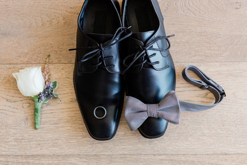 Groom's Dress Shoes with Bow Tie and Boutonniere - 328228204