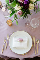 Place Setting at Wedding Reception with Purple Flowers - 328228232