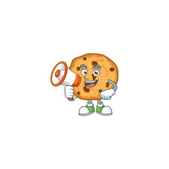 A chilly cartoon character of chocolate chips cookies with a megaphone