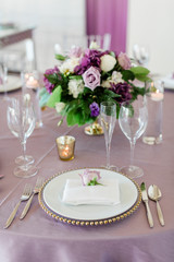 Table Setting and Centerpiece at Wedding Reception - 328228245