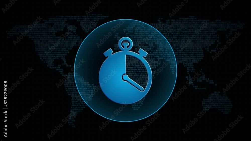 Poster stopwatch icon in global map with waves. technology speed timer symbol in digital background. loop v