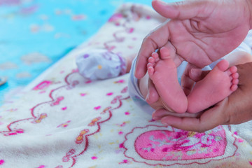 Baby feet in mother hands. Tiny Newborn Baby's feet on female Shaped hands closeup. Mom and her Child. Happy Family concept. Beautiful conceptual image of Maternity.